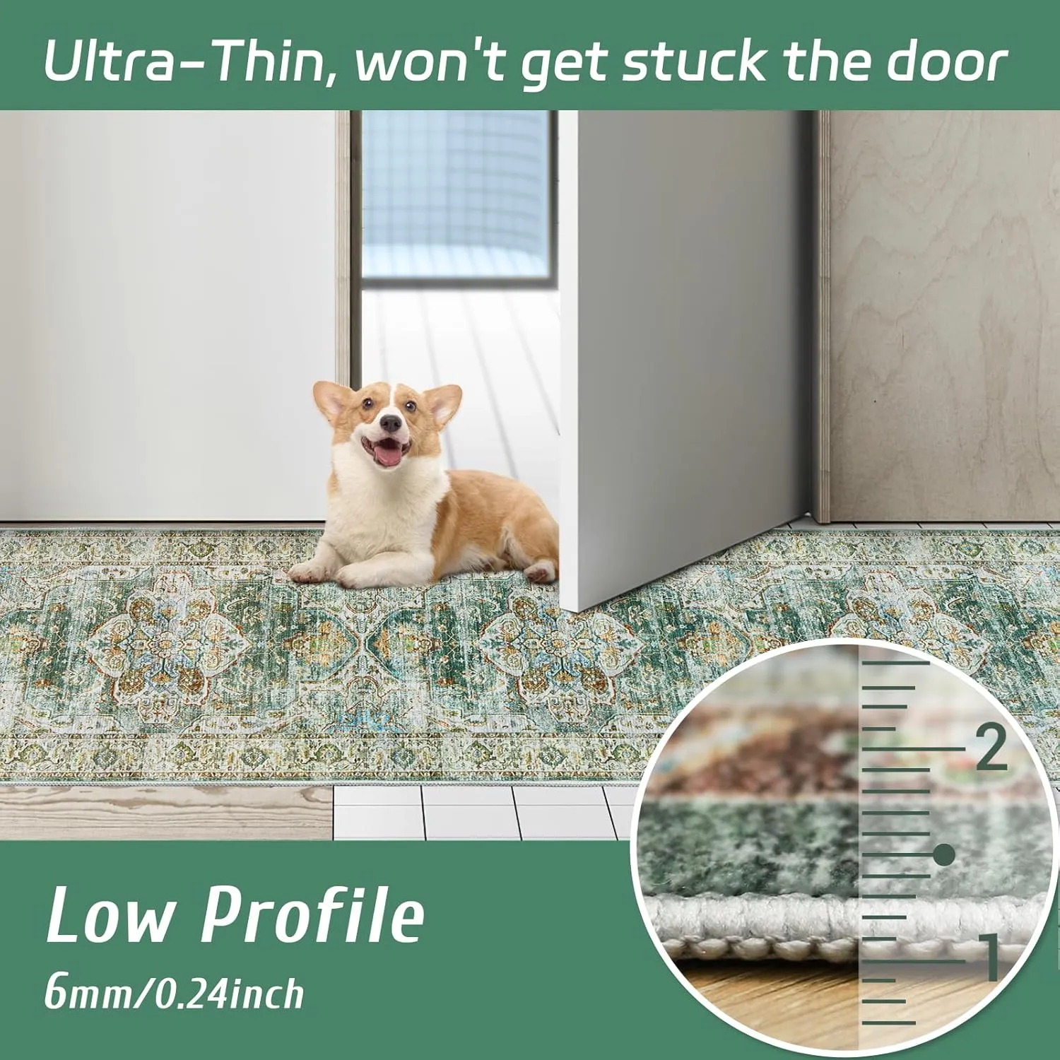 Madane Runner Rug 2x8, Washable Hallway Runner Rugs, Non-Slip Low-Pile Soft Kitchen Rug Runner Laundry Room Rug, Vintage Throw Entry Foyer Mat for Entrance Living Room (Green, 2 x 8)