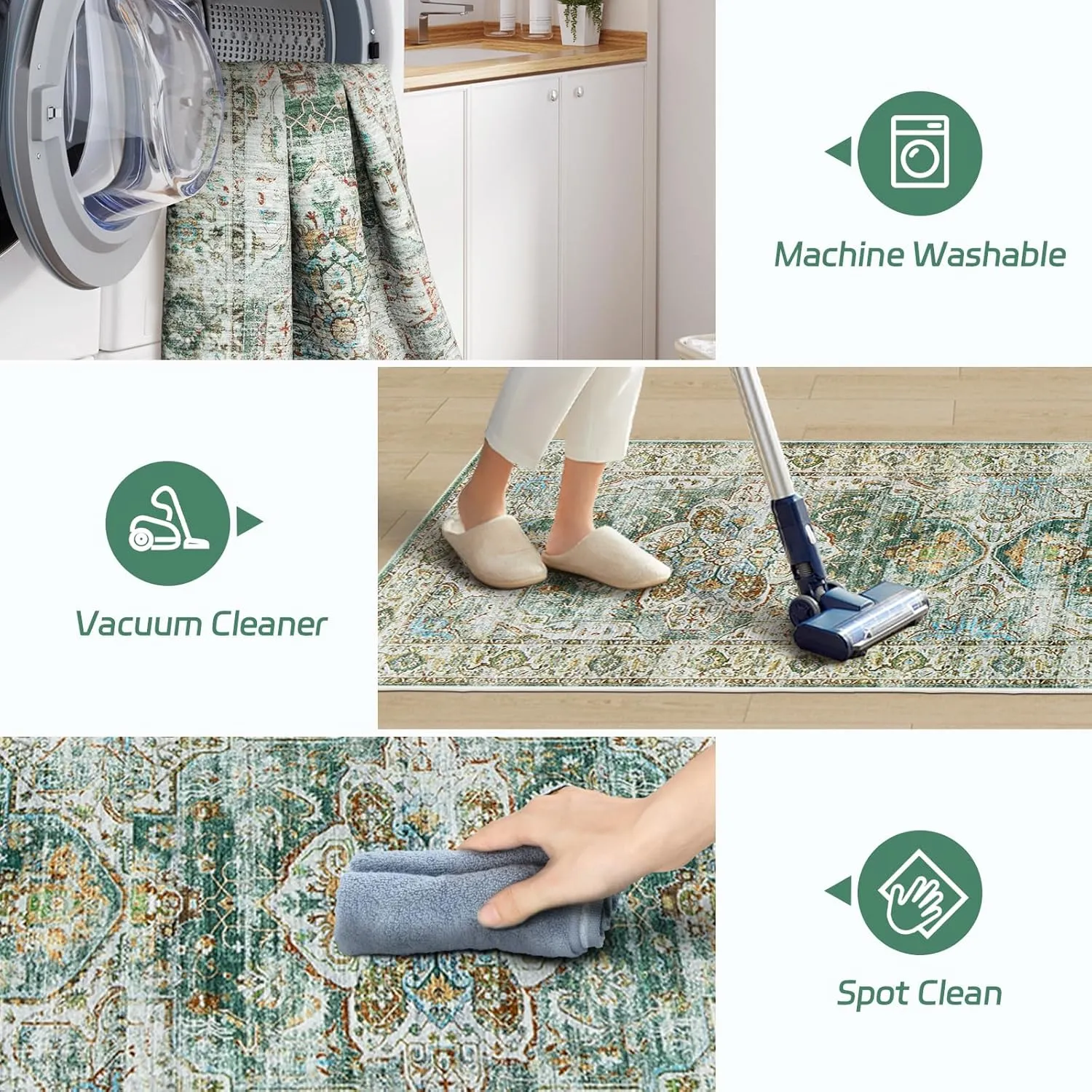 Madane Runner Rug 2x8, Washable Hallway Runner Rugs, Non-Slip Low-Pile Soft Kitchen Rug Runner Laundry Room Rug, Vintage Throw Entry Foyer Mat for Entrance Living Room (Green, 2 x 8)