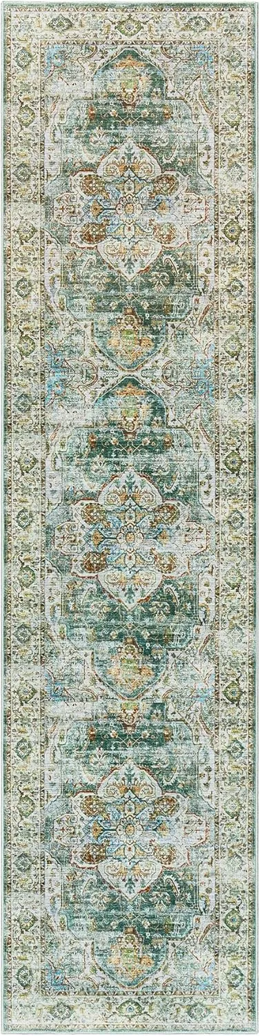 Madane Runner Rug 2x8, Washable Hallway Runner Rugs, Non-Slip Low-Pile Soft Kitchen Rug Runner Laundry Room Rug, Vintage Throw Entry Foyer Mat for Entrance Living Room (Green, 2 x 8)