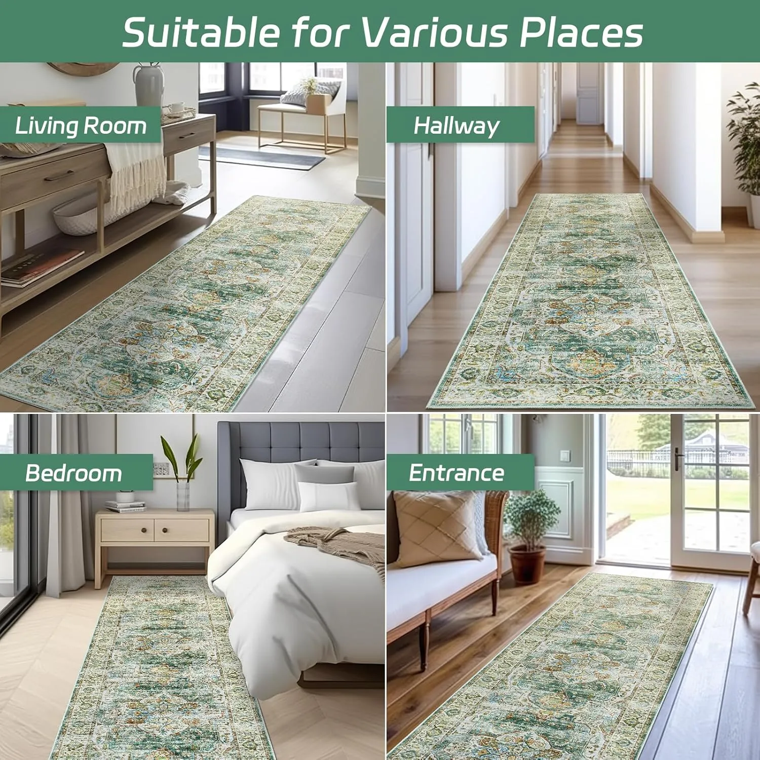 Madane Runner Rug 2x8, Washable Hallway Runner Rugs, Non-Slip Low-Pile Soft Kitchen Rug Runner Laundry Room Rug, Vintage Throw Entry Foyer Mat for Entrance Living Room (Green, 2 x 8)