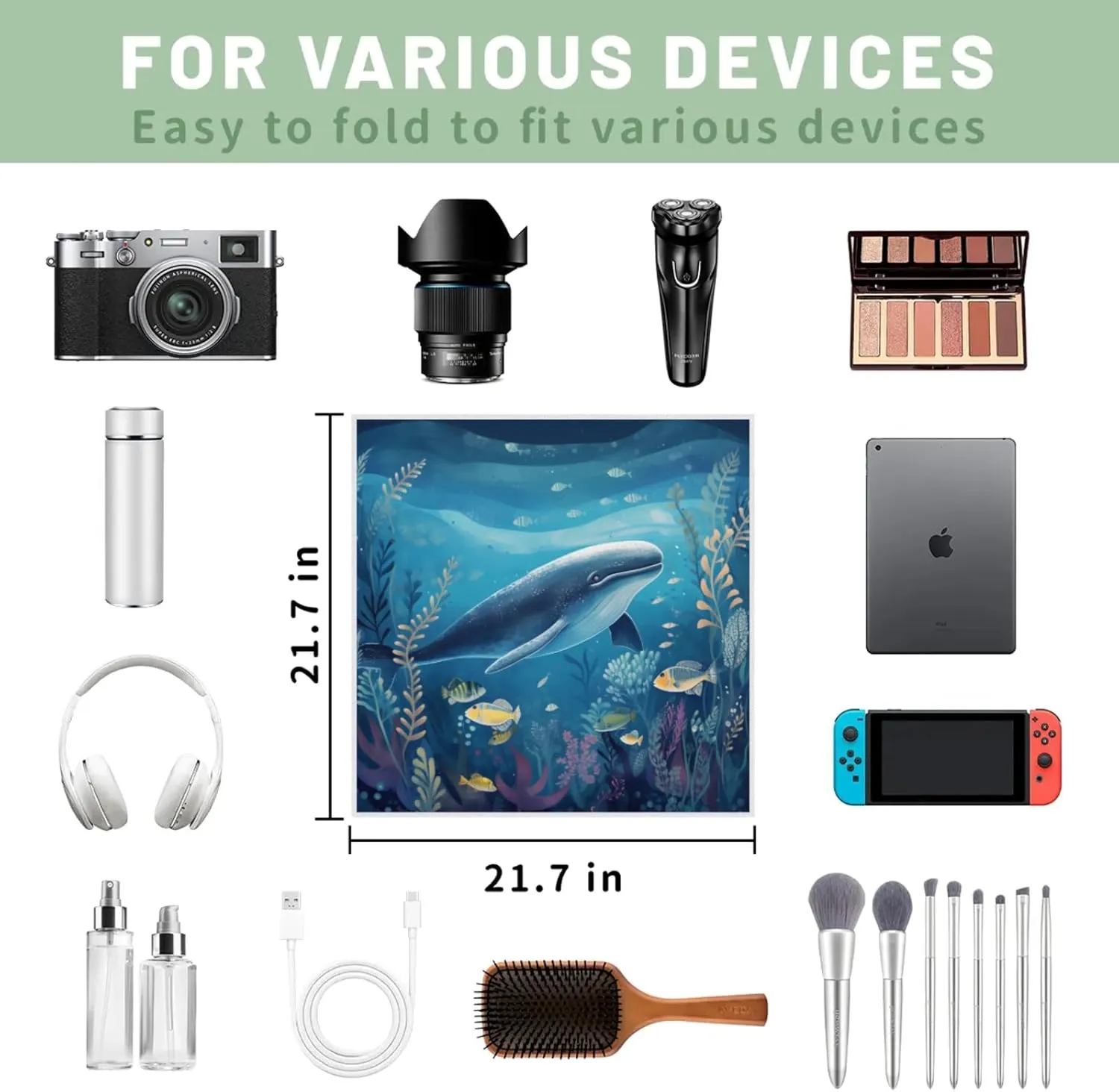 Magic Cosmetics Pouch Sea Animal Whale Self-Adhesive Camera Cover Cloth Protective Foldable Makeup Bag for Lens Cat Makeup Bag 21.7x21.7