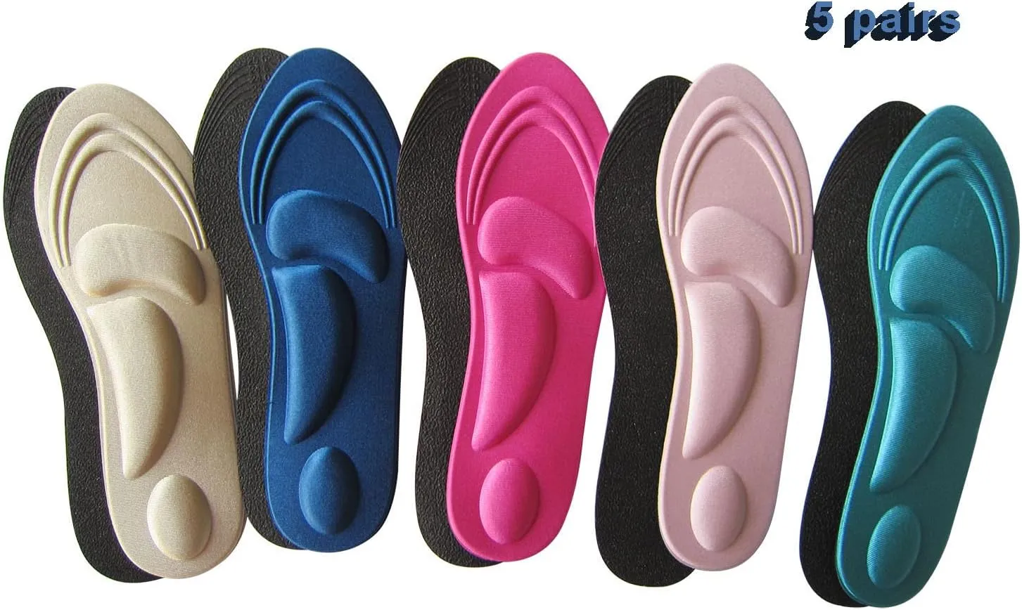 Memory Foam Insoles for Women Arch Support Insoles for Flat Feet Plantar Fasciitis Pain Relief Comfort Nonslip Shoe Pads for Boots Thin Memory Foam Inserts for Women, 5 Pairs