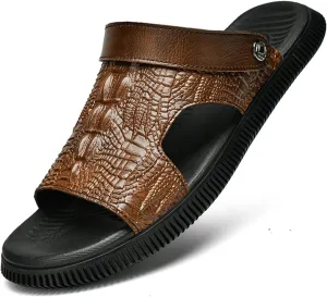 Men's Genuine Leather Fashion Sandals Classic Printing Open Toe Slingback Straps Slip-On Beach Flat Sandals Non-Slip Soft Comfortable Slide Sandals