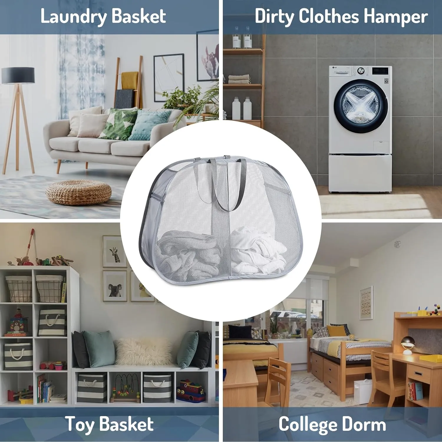 Mesh Popup Laundry Hamper 2 Compartment, Collapsible Laundry Sorter Basket Foldable Hamper for Clothes, College Dorm, Travel (Gray)
