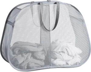 Mesh Popup Laundry Hamper 2 Compartment, Collapsible Laundry Sorter Basket Foldable Hamper for Clothes, College Dorm, Travel (Gray)