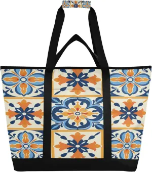 Mexican Talavera Reusable Insulated Cooler Bag with Ice Pack Compartment - Large 47L Waterproof Thermal Grocery Tote for Picnic Beach Camping Lunch Storage