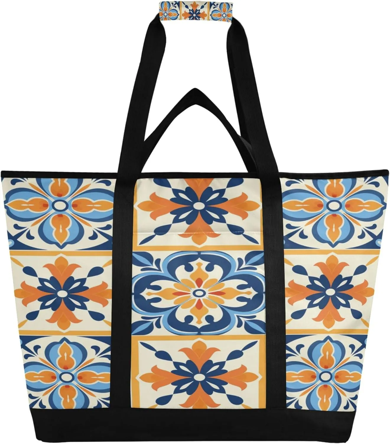 Mexican Talavera Reusable Insulated Cooler Bag with Ice Pack Compartment - Large 47L Waterproof Thermal Grocery Tote for Picnic Beach Camping Lunch Storage