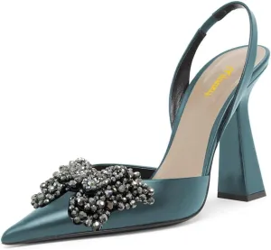 Milooey shoes Women Closed Pointed Toe Slip On Sandal Chic Rhinestone Butterfly Slingbacks Sexy Block High Heel Pump Party Prom Dress Shoes Size 4-16 Us