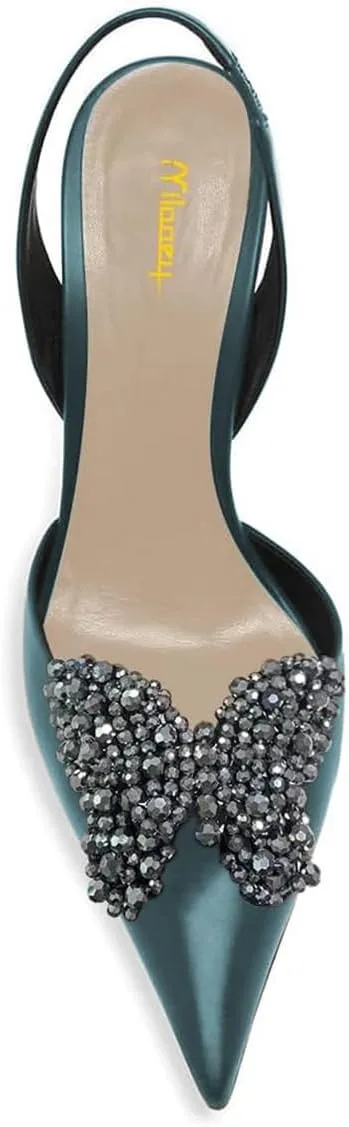Milooey shoes Women Closed Pointed Toe Slip On Sandal Chic Rhinestone Butterfly Slingbacks Sexy Block High Heel Pump Party Prom Dress Shoes Size 4-16 Us