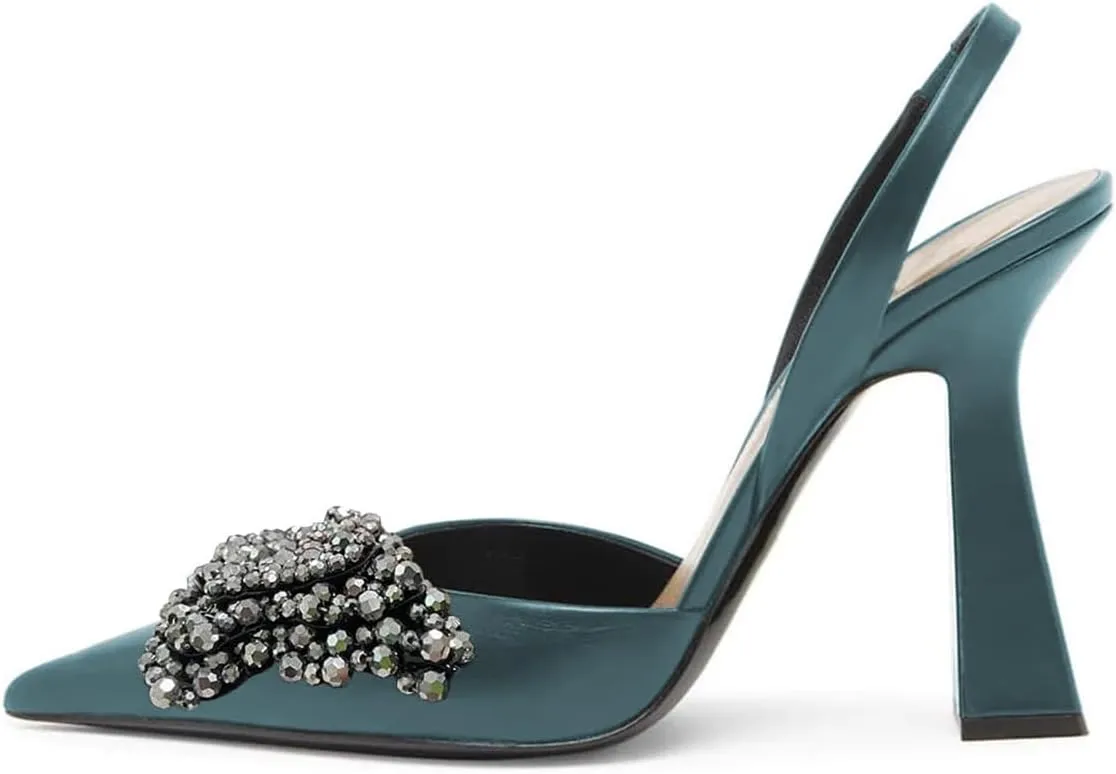 Milooey shoes Women Closed Pointed Toe Slip On Sandal Chic Rhinestone Butterfly Slingbacks Sexy Block High Heel Pump Party Prom Dress Shoes Size 4-16 Us