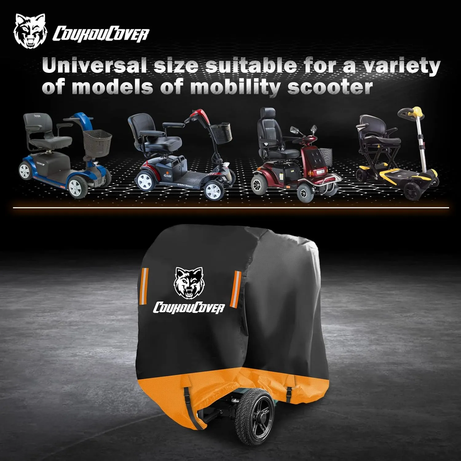 Mobility Scooter Cover, All Weather Outdoor Waterproof Protection Mobility Scooter Accessory for 3 or 4 Wheel Mobility Scooters, Durable with Reflective Stripes (Orange 67" Length)