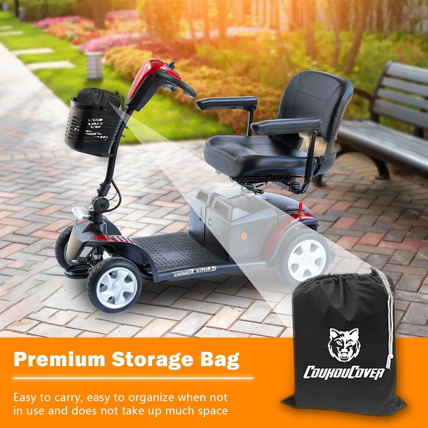 Mobility Scooter Cover, All Weather Outdoor Waterproof Protection Mobility Scooter Accessory for 3 or 4 Wheel Mobility Scooters, Durable with Reflective Stripes (Orange 67" Length)