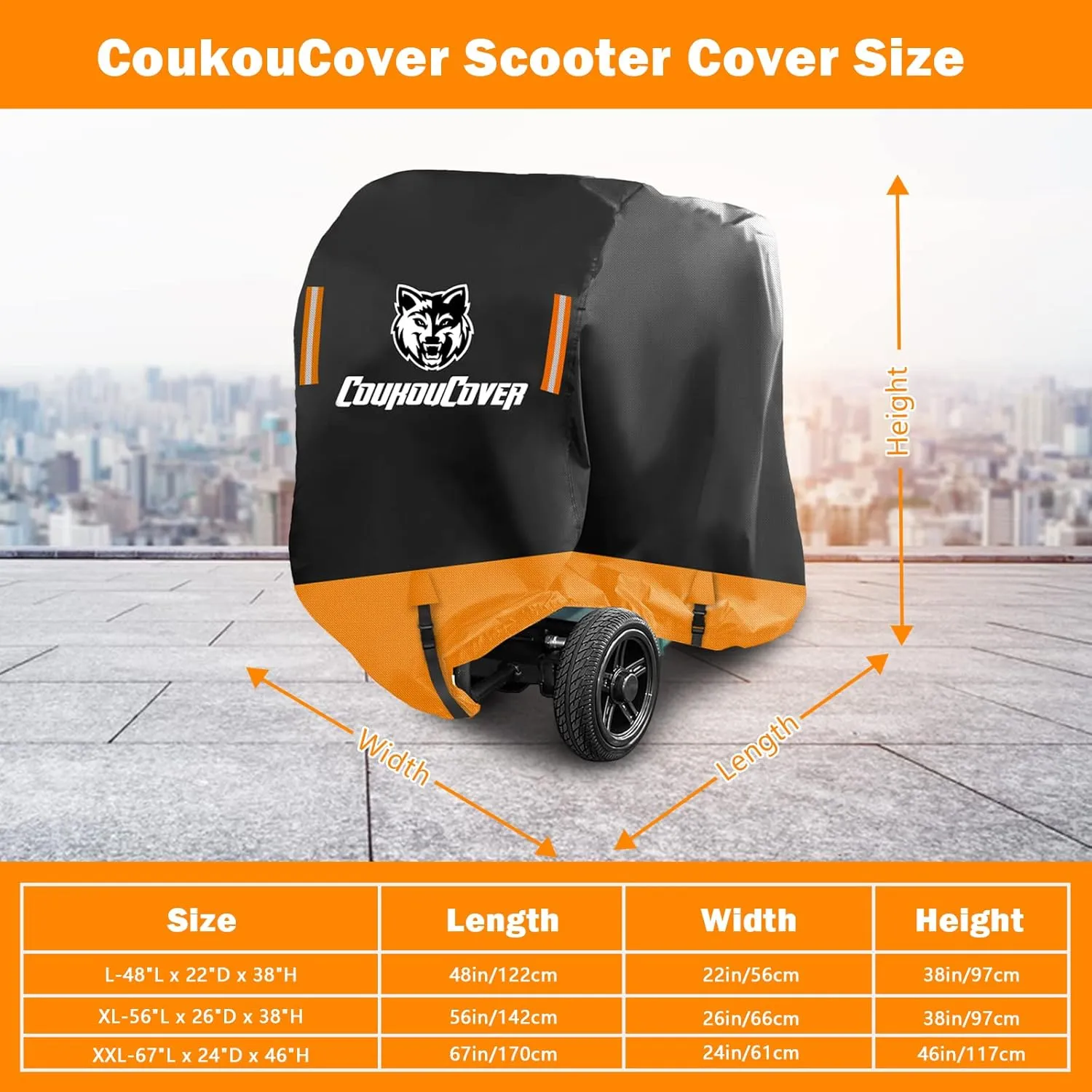 Mobility Scooter Cover, All Weather Outdoor Waterproof Protection Mobility Scooter Accessory for 3 or 4 Wheel Mobility Scooters, Durable with Reflective Stripes (Orange 67" Length)