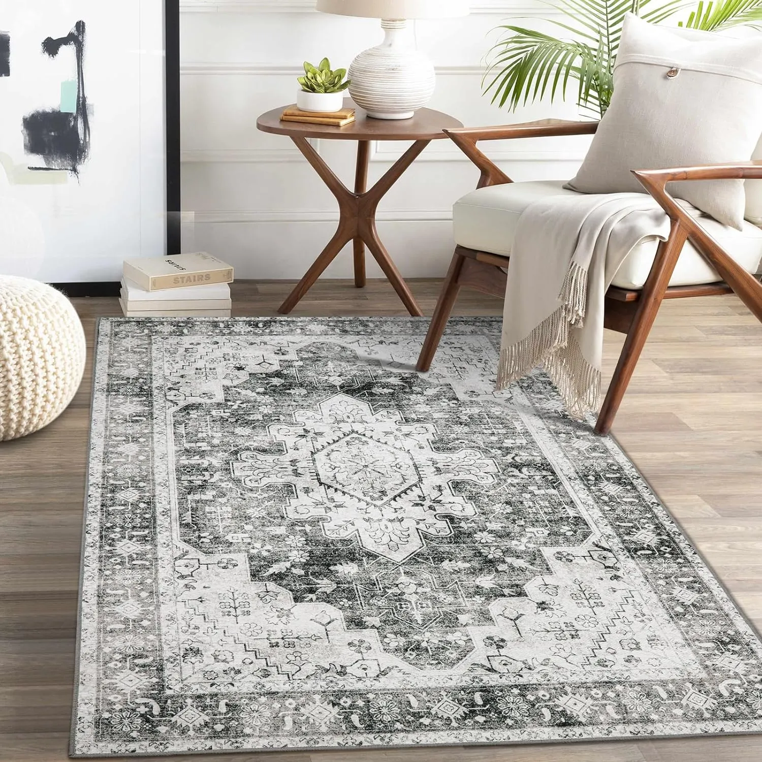 Moynesa Ultra-Thin Washable Area Rug - 3x5 Gray Entryway Rug Stain Resistance Kitchen Mat, Non Slip Non Shedding Pet Friendly Vintage Bathroom Carpet for Indoor Bedroom Living Laundry Room