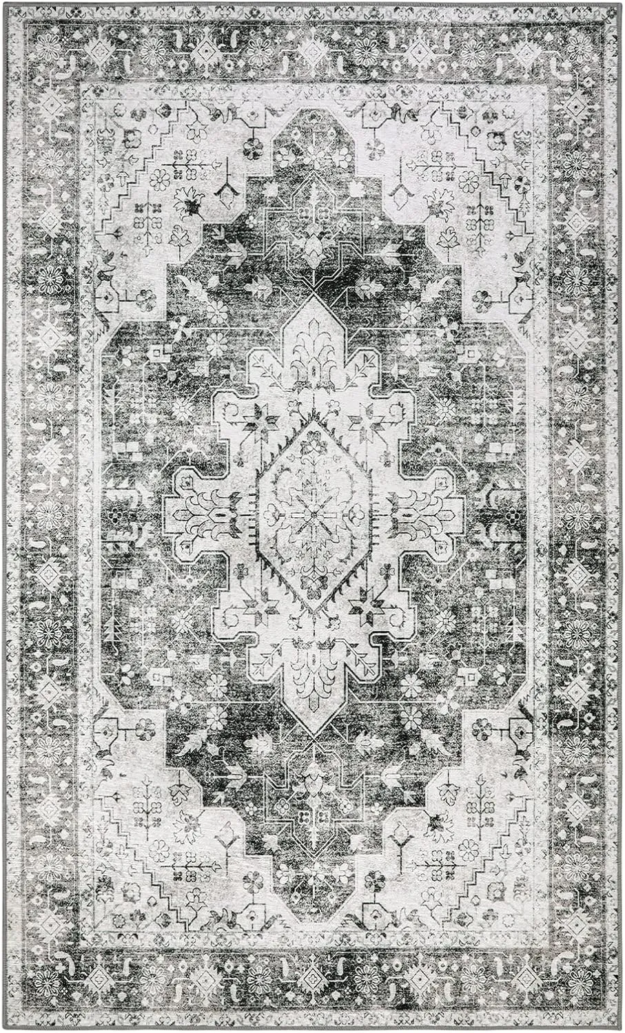 Moynesa Ultra-Thin Washable Area Rug - 3x5 Gray Entryway Rug Stain Resistance Kitchen Mat, Non Slip Non Shedding Pet Friendly Vintage Bathroom Carpet for Indoor Bedroom Living Laundry Room