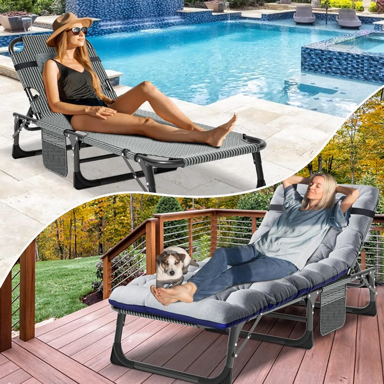 NAIZEA Folding Camping Cots,Adjustable 4-Gear Sleeping Cots for Adults,Foldable Cot Bed, Folding Chaise Lounge Chair,Portable Reclining Chair for Beach Lawn Camping Pool,Sunbathing Chairs