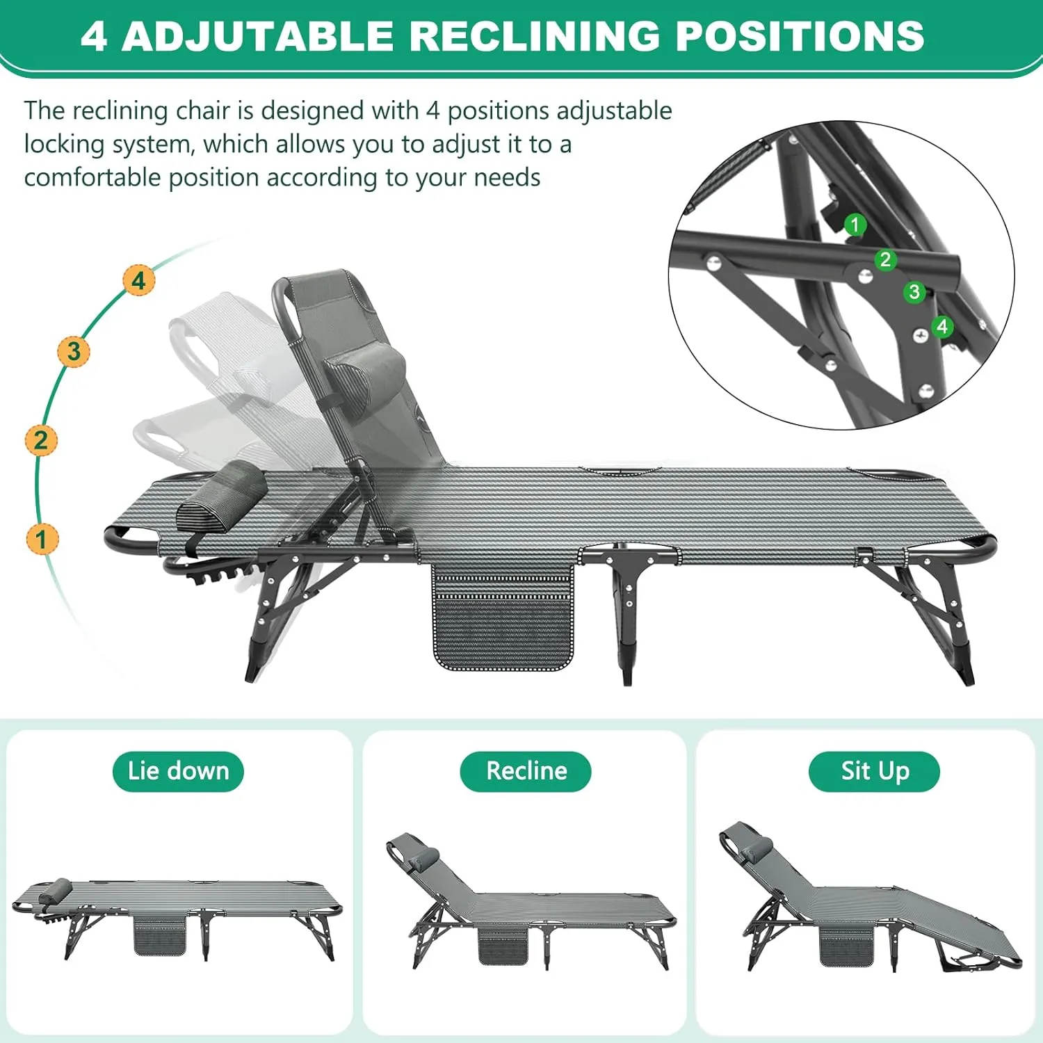 NAIZEA Folding Camping Cots,Adjustable 4-Gear Sleeping Cots for Adults,Foldable Cot Bed, Folding Chaise Lounge Chair,Portable Reclining Chair for Beach Lawn Camping Pool,Sunbathing Chairs