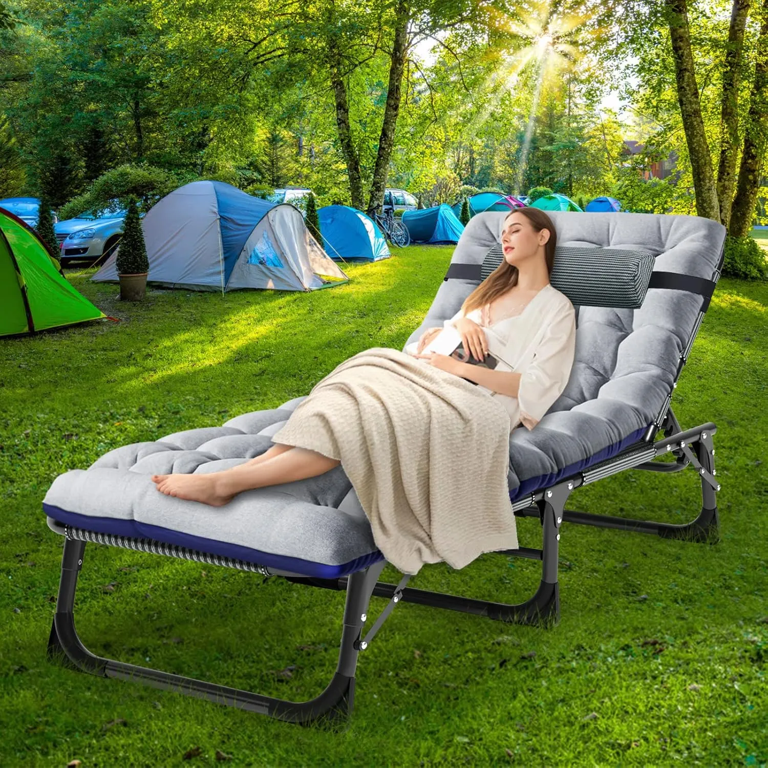 NAIZEA Folding Camping Cots,Adjustable 4-Gear Sleeping Cots for Adults,Foldable Cot Bed, Folding Chaise Lounge Chair,Portable Reclining Chair for Beach Lawn Camping Pool,Sunbathing Chairs