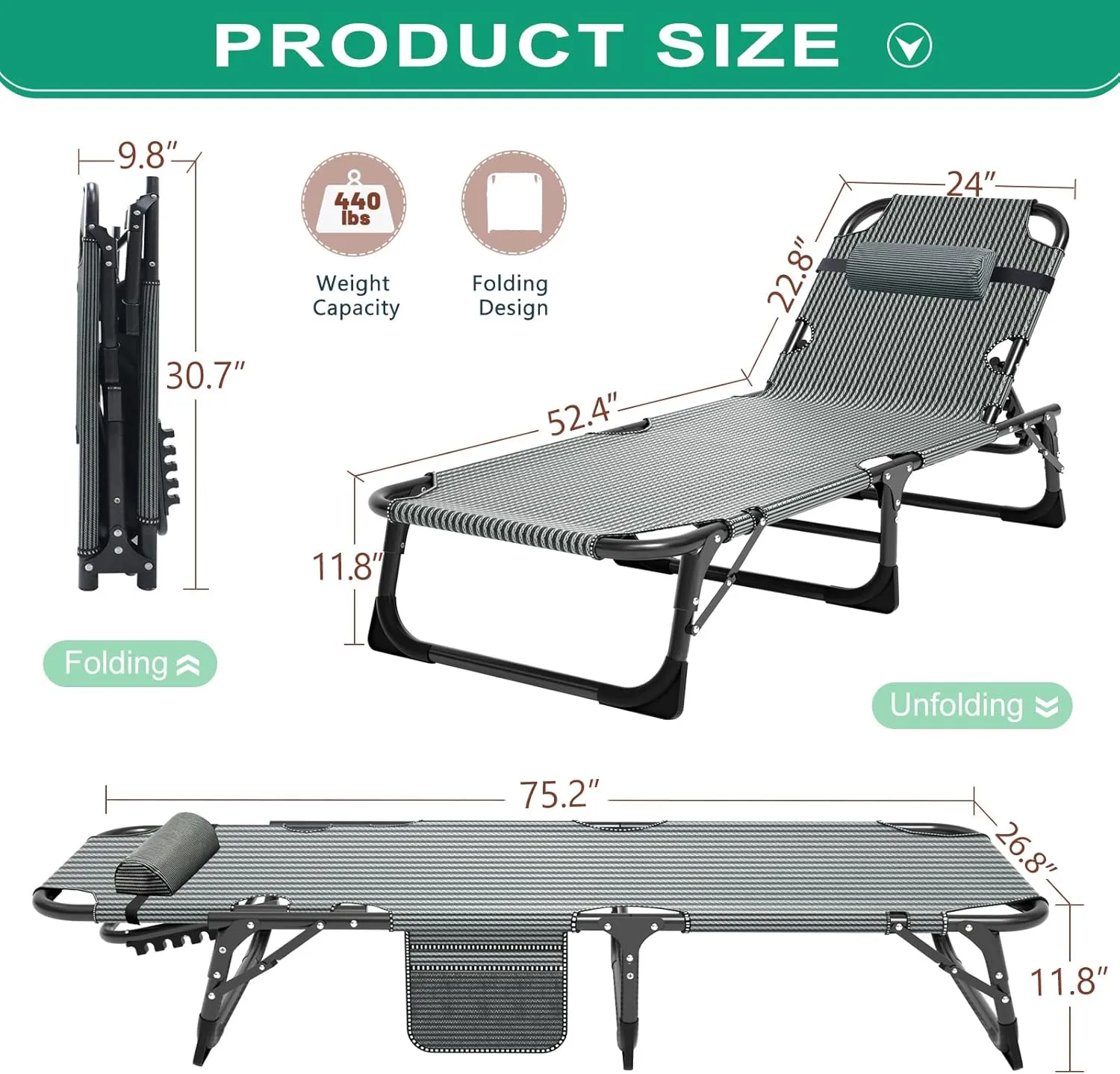 NAIZEA Folding Camping Cots,Adjustable 4-Gear Sleeping Cots for Adults,Foldable Cot Bed, Folding Chaise Lounge Chair,Portable Reclining Chair for Beach Lawn Camping Pool,Sunbathing Chairs