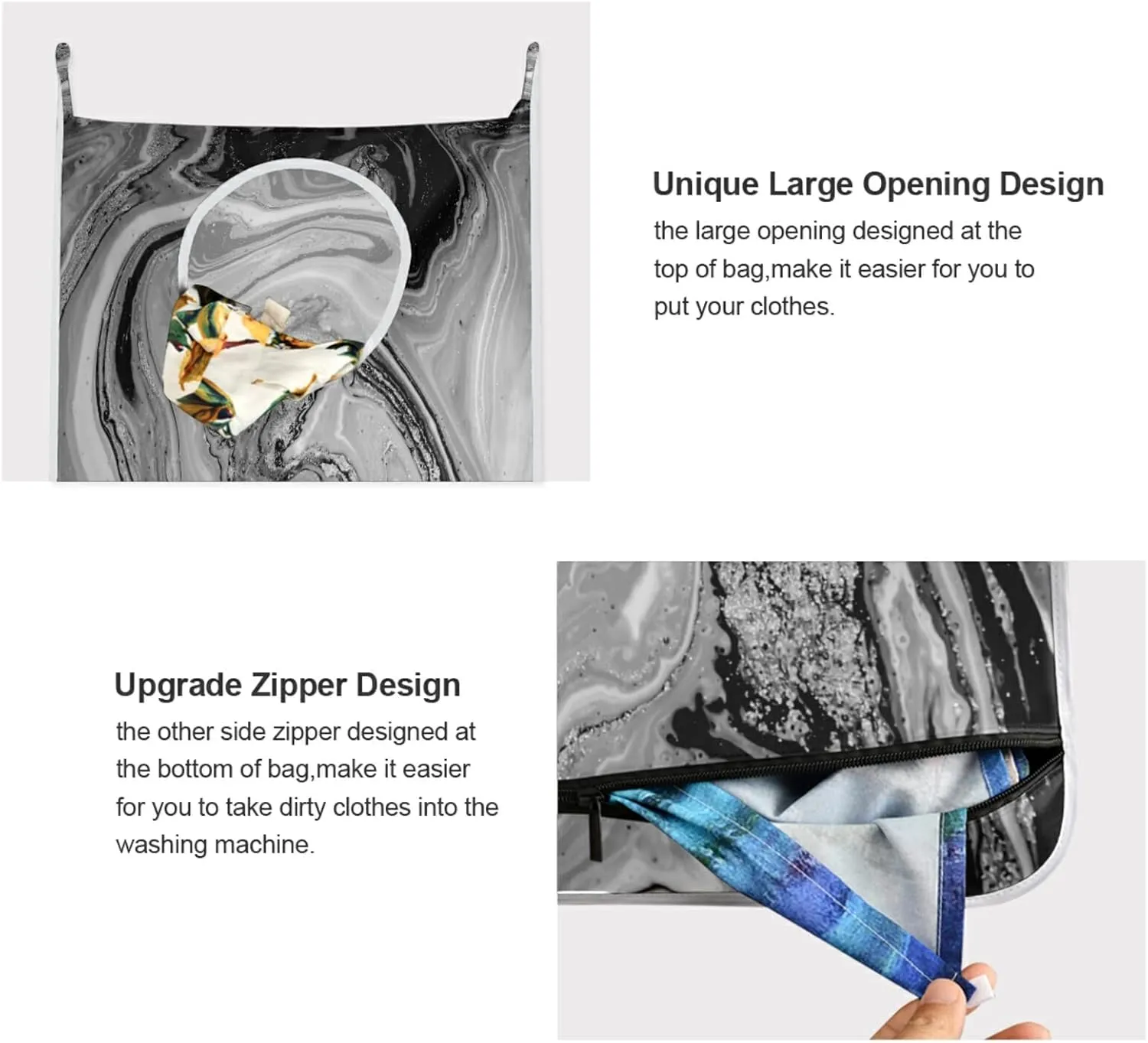 Natural Luxury Black Grey White Marble Golden Powder Oriental Art Hanging Laundry Hamper Bag, Dirty Clothes Basket Bag with Hooks Bag Space Saving, for Bathroom, Bedroom, Storage, Behind Doors