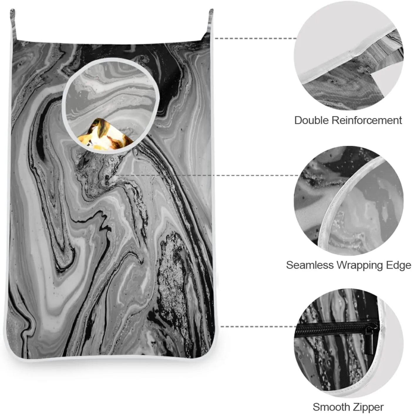 Natural Luxury Black Grey White Marble Golden Powder Oriental Art Hanging Laundry Hamper Bag, Dirty Clothes Basket Bag with Hooks Bag Space Saving, for Bathroom, Bedroom, Storage, Behind Doors