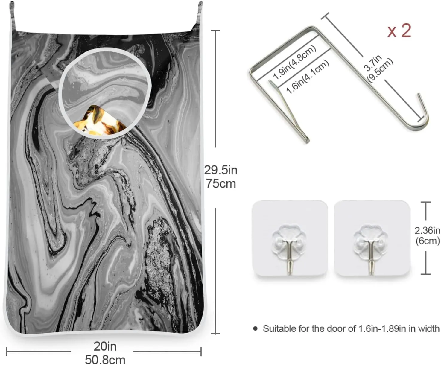 Natural Luxury Black Grey White Marble Golden Powder Oriental Art Hanging Laundry Hamper Bag, Dirty Clothes Basket Bag with Hooks Bag Space Saving, for Bathroom, Bedroom, Storage, Behind Doors