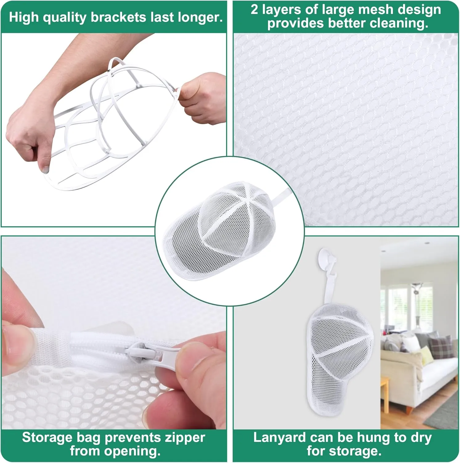 NAZZO Hat Washer Cage with Mesh Bag for Baseball Caps, Hat Cleaner Cage Holder Frame for Washing Machine Dishwasher, Fit for Adult Kid, Foldable Cap Washer Organizer, Patented, White, 2 Pack