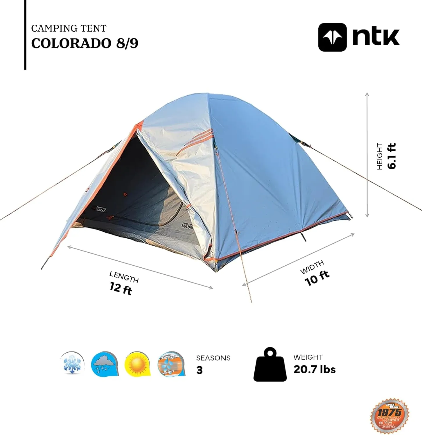 NTK Colorado GT 2/4/6/8 Person Outdoor Dome Family Camping Tent 100% Waterproof, Easy Assembly, Durable Fabric Full Coverage Rainfly - Micro Mosquito Mesh