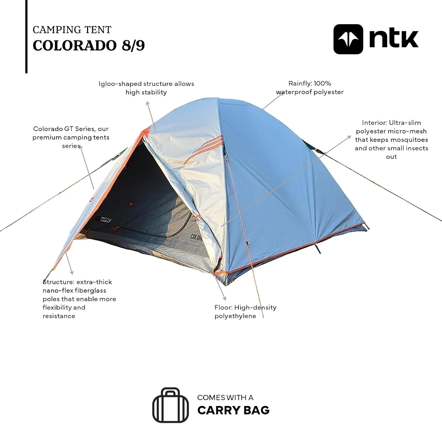 NTK Colorado GT 2/4/6/8 Person Outdoor Dome Family Camping Tent 100% Waterproof, Easy Assembly, Durable Fabric Full Coverage Rainfly - Micro Mosquito Mesh