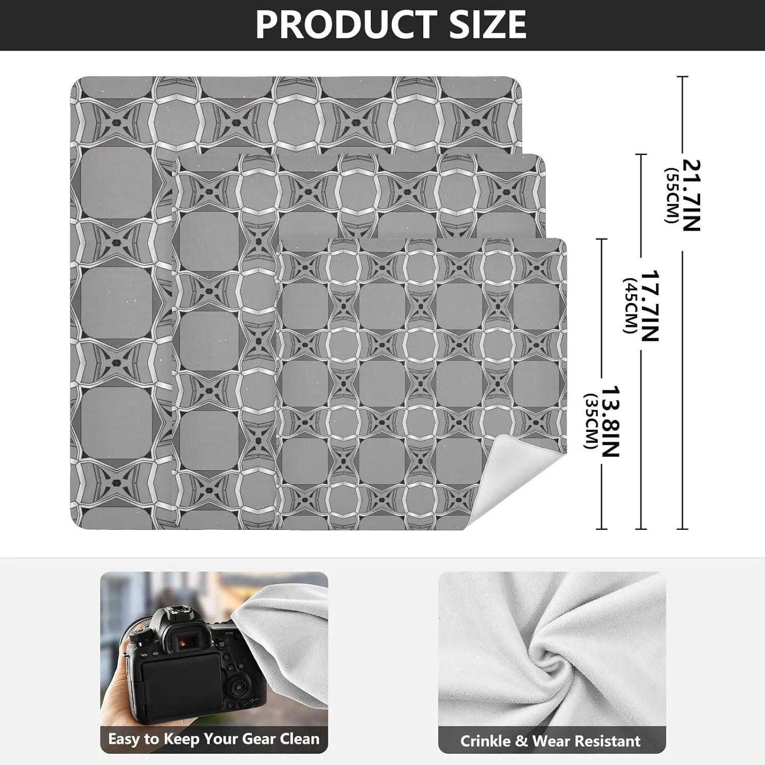 ODAWA Gray Geometric Self Adhesive Cloth 17.7X17.7 Inch Open Lay Flat Makeup Bag Lightweight Foldable Wrapper for Camera Accessories