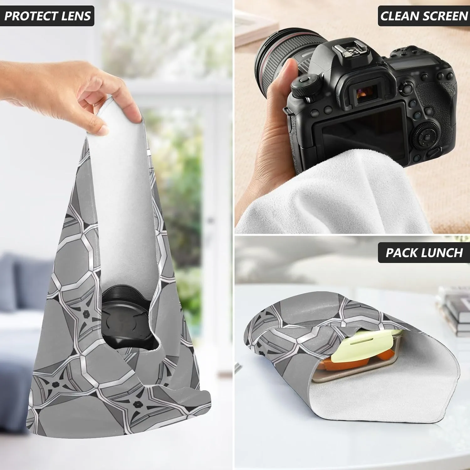 ODAWA Gray Geometric Self Adhesive Cloth 17.7X17.7 Inch Open Lay Flat Makeup Bag Lightweight Foldable Wrapper for Camera Accessories
