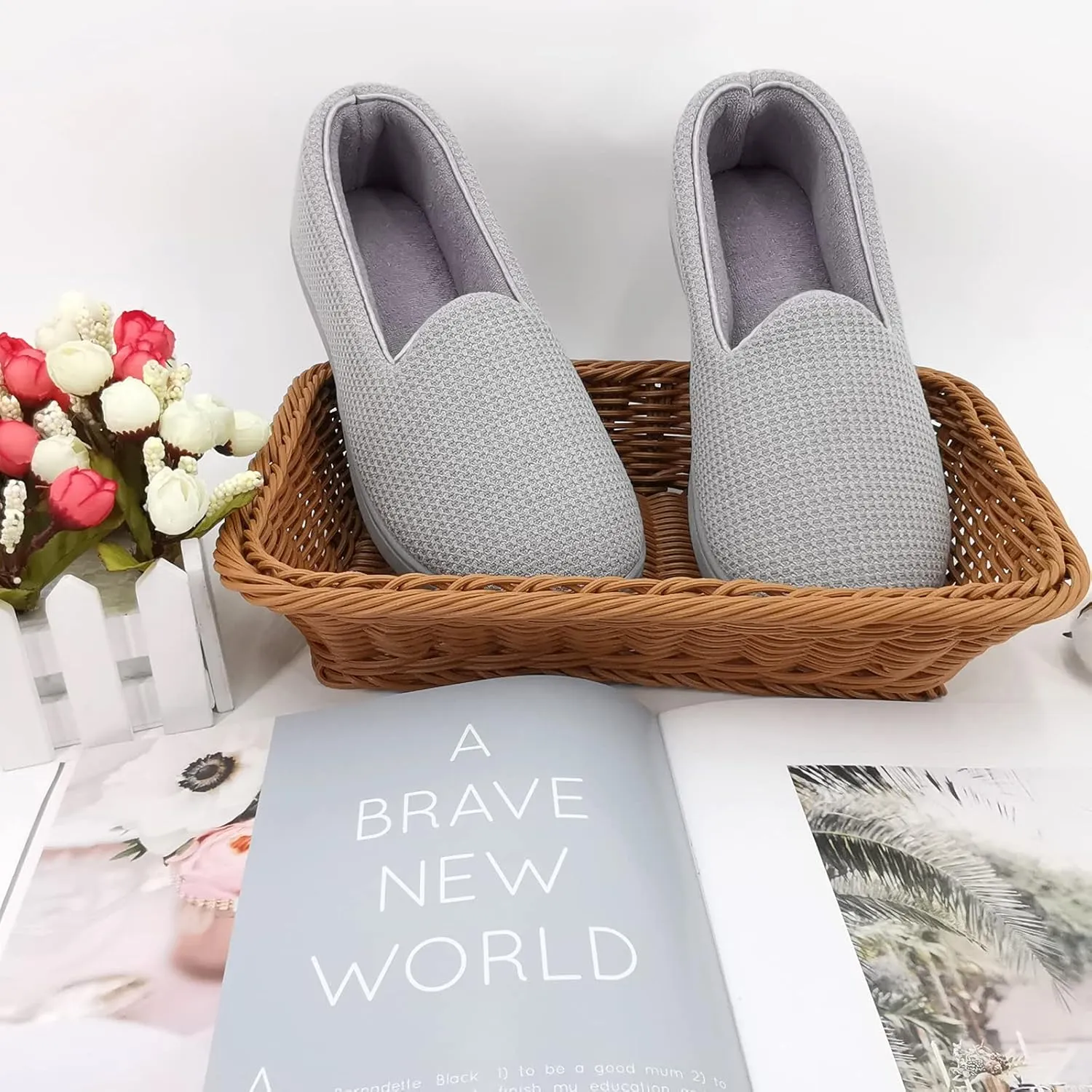 ofoot Womens Comfortable Memory Foam House Slippers Indoor Flat Shoes With Back Cotton Terry Cloth Lining Non Slip Soles