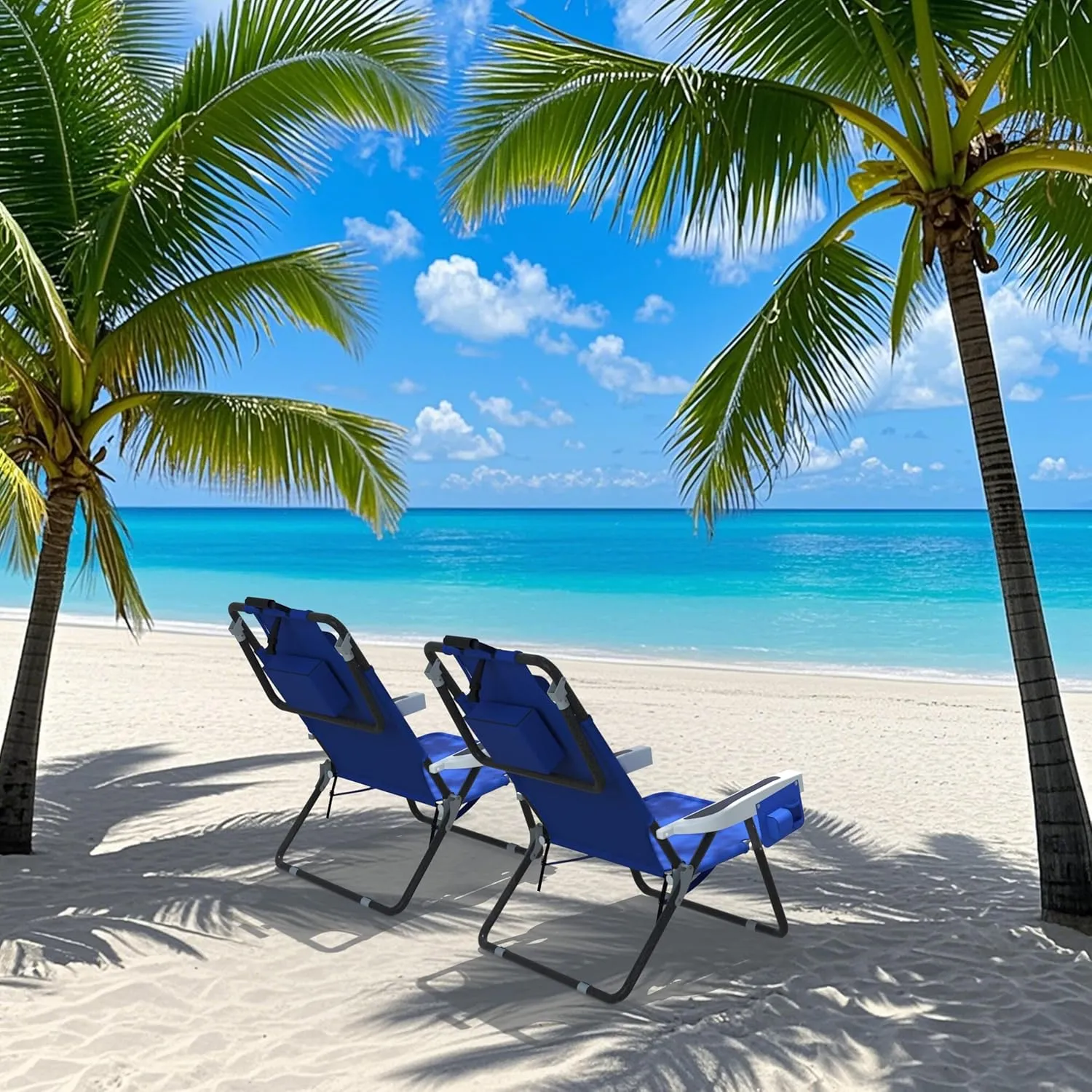 Outdoor Beach Foldable Chaise 2 Pack Lounge Chair with Detachable Pillow & Pocket, Portable Tanning Chair with 5 Position Adjustable Back, Beach, Pool and Camping, Blue