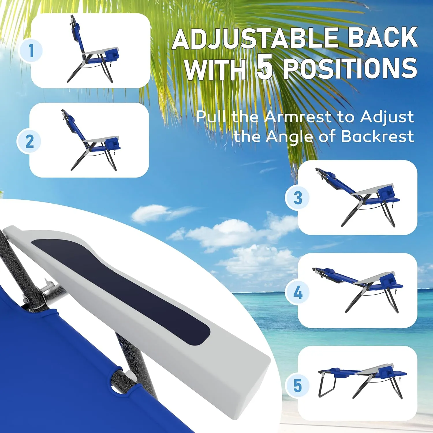Outdoor Beach Foldable Chaise 2 Pack Lounge Chair with Detachable Pillow & Pocket, Portable Tanning Chair with 5 Position Adjustable Back, Beach, Pool and Camping, Blue