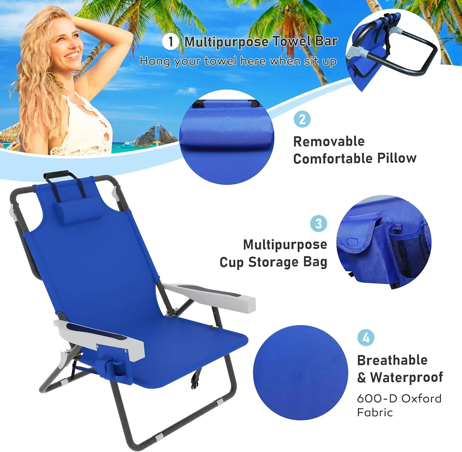 Outdoor Beach Foldable Chaise 2 Pack Lounge Chair with Detachable Pillow & Pocket, Portable Tanning Chair with 5 Position Adjustable Back, Beach, Pool and Camping, Blue