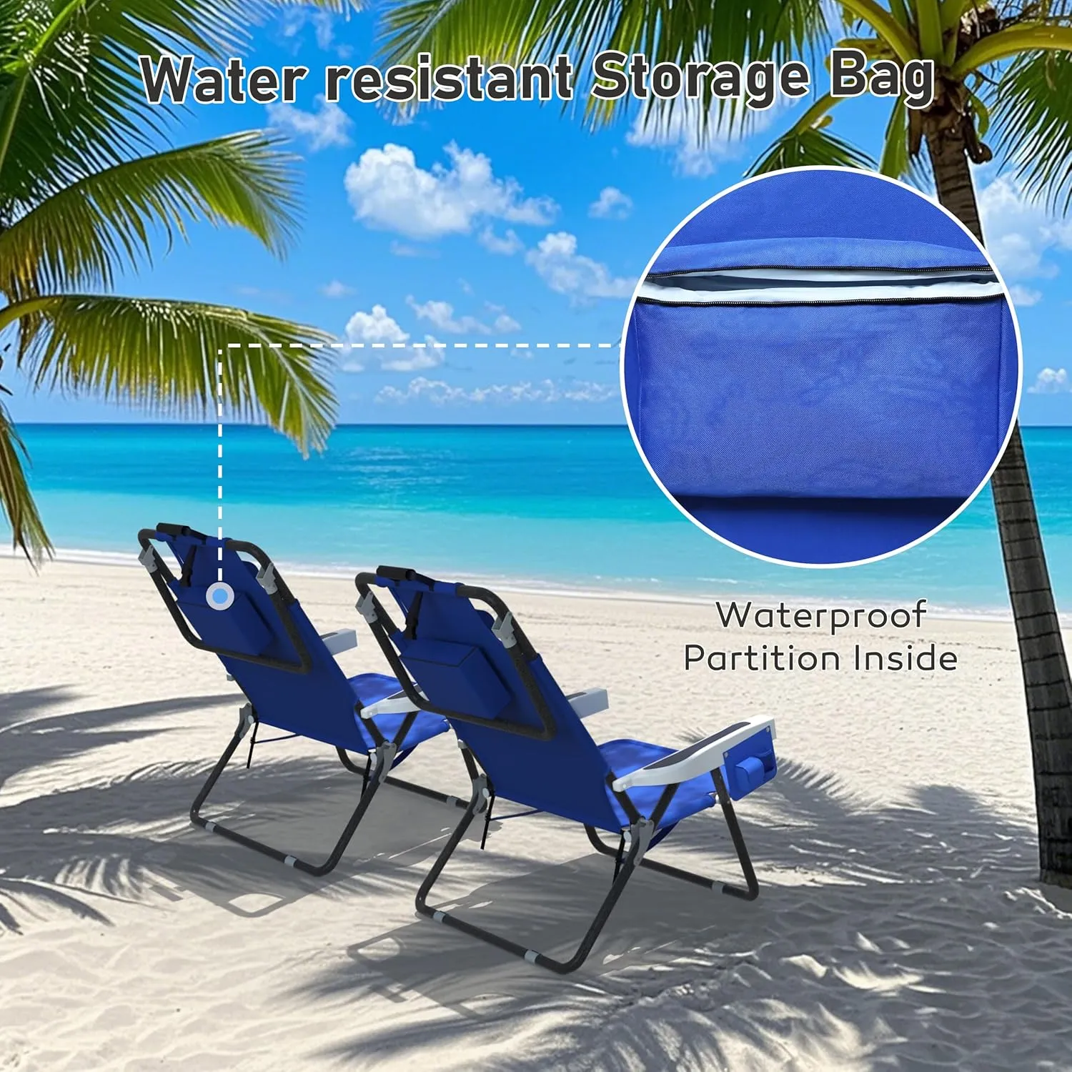 Outdoor Beach Foldable Chaise 2 Pack Lounge Chair with Detachable Pillow & Pocket, Portable Tanning Chair with 5 Position Adjustable Back, Beach, Pool and Camping, Blue