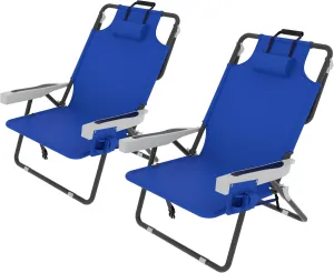 Outdoor Beach Foldable Chaise 2 Pack Lounge Chair with Detachable Pillow & Pocket, Portable Tanning Chair with 5 Position Adjustable Back, Beach, Pool and Camping, Blue