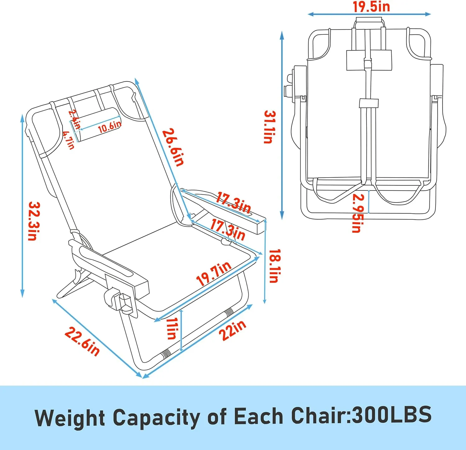 Outdoor Beach Foldable Chaise 2 Pack Lounge Chair with Detachable Pillow & Pocket, Portable Tanning Chair with 5 Position Adjustable Back, Beach, Pool and Camping, Blue