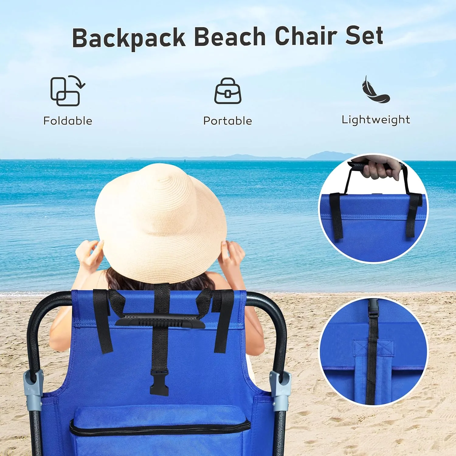 Outdoor Beach Foldable Chaise 2 Pack Lounge Chair with Detachable Pillow & Pocket, Portable Tanning Chair with 5 Position Adjustable Back, Beach, Pool and Camping, Blue