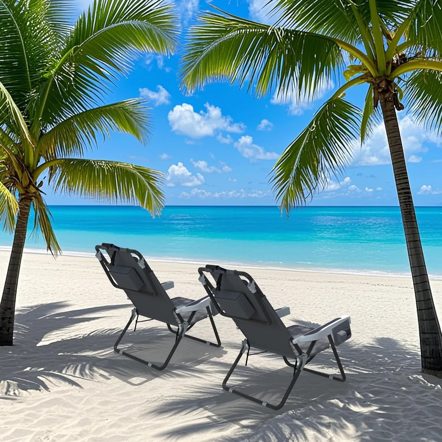 Outdoor Beach Foldable Chaise 2 Pack Lounge Chair with Detachable Pillow & Pocket, Portable Tanning Chair with 5 Position Adjustable Back, Beach, Pool and Camping, Gray