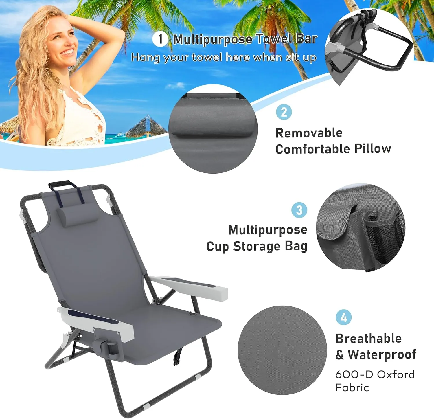 Outdoor Beach Foldable Chaise 2 Pack Lounge Chair with Detachable Pillow & Pocket, Portable Tanning Chair with 5 Position Adjustable Back, Beach, Pool and Camping, Gray