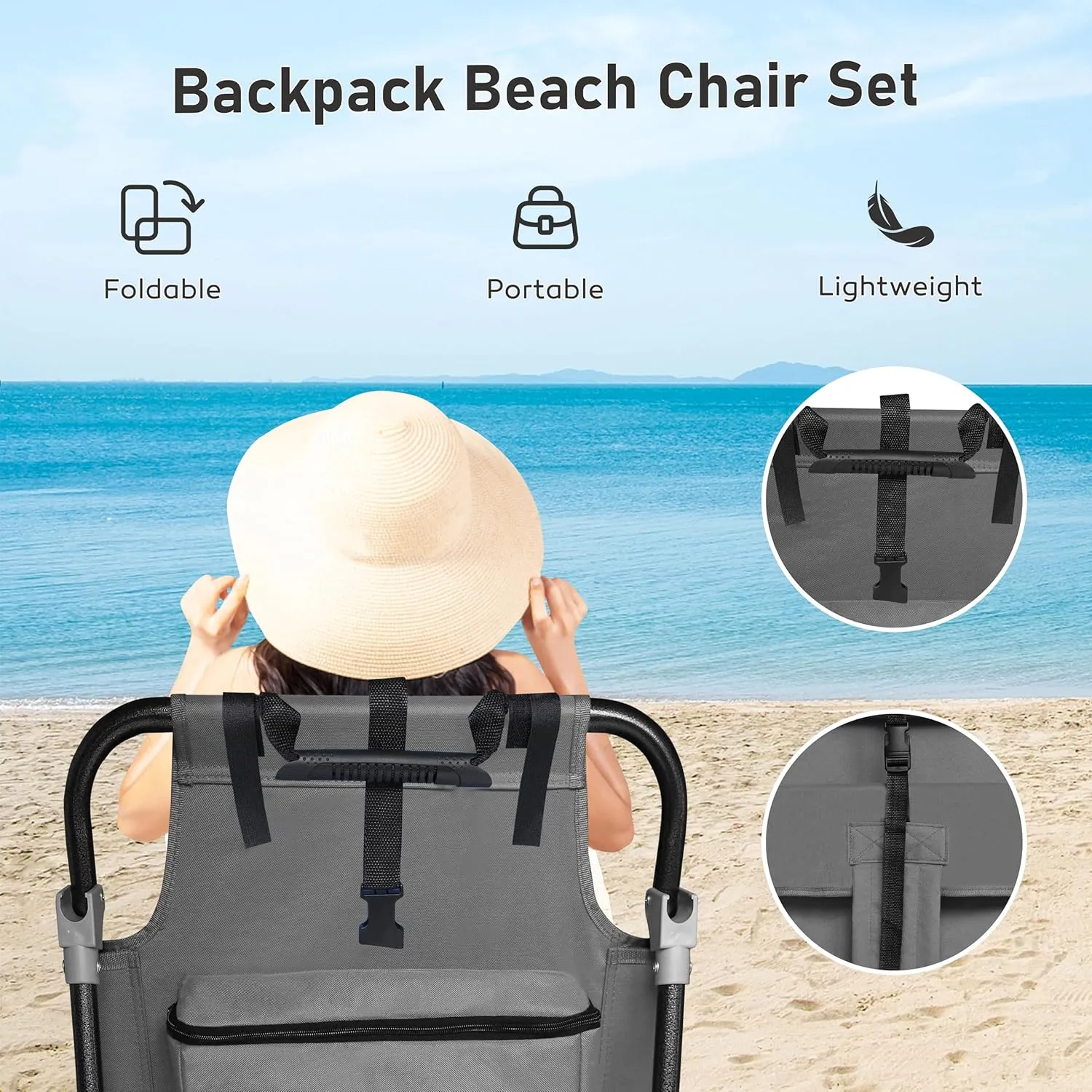 Outdoor Beach Foldable Chaise 2 Pack Lounge Chair with Detachable Pillow & Pocket, Portable Tanning Chair with 5 Position Adjustable Back, Beach, Pool and Camping, Gray