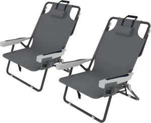 Outdoor Beach Foldable Chaise 2 Pack Lounge Chair with Detachable Pillow & Pocket, Portable Tanning Chair with 5 Position Adjustable Back, Beach, Pool and Camping, Gray