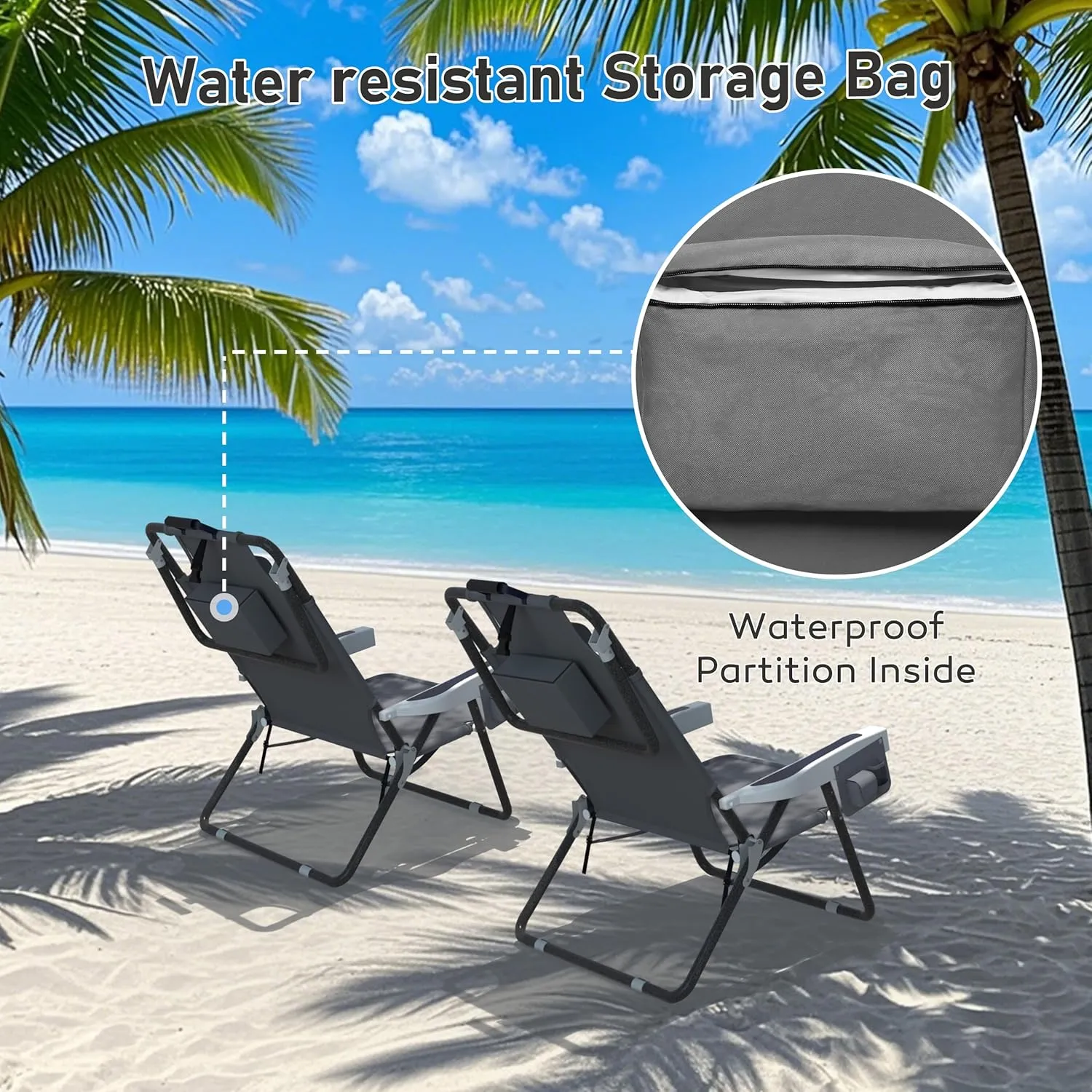 Outdoor Beach Foldable Chaise 2 Pack Lounge Chair with Detachable Pillow & Pocket, Portable Tanning Chair with 5 Position Adjustable Back, Beach, Pool and Camping, Gray