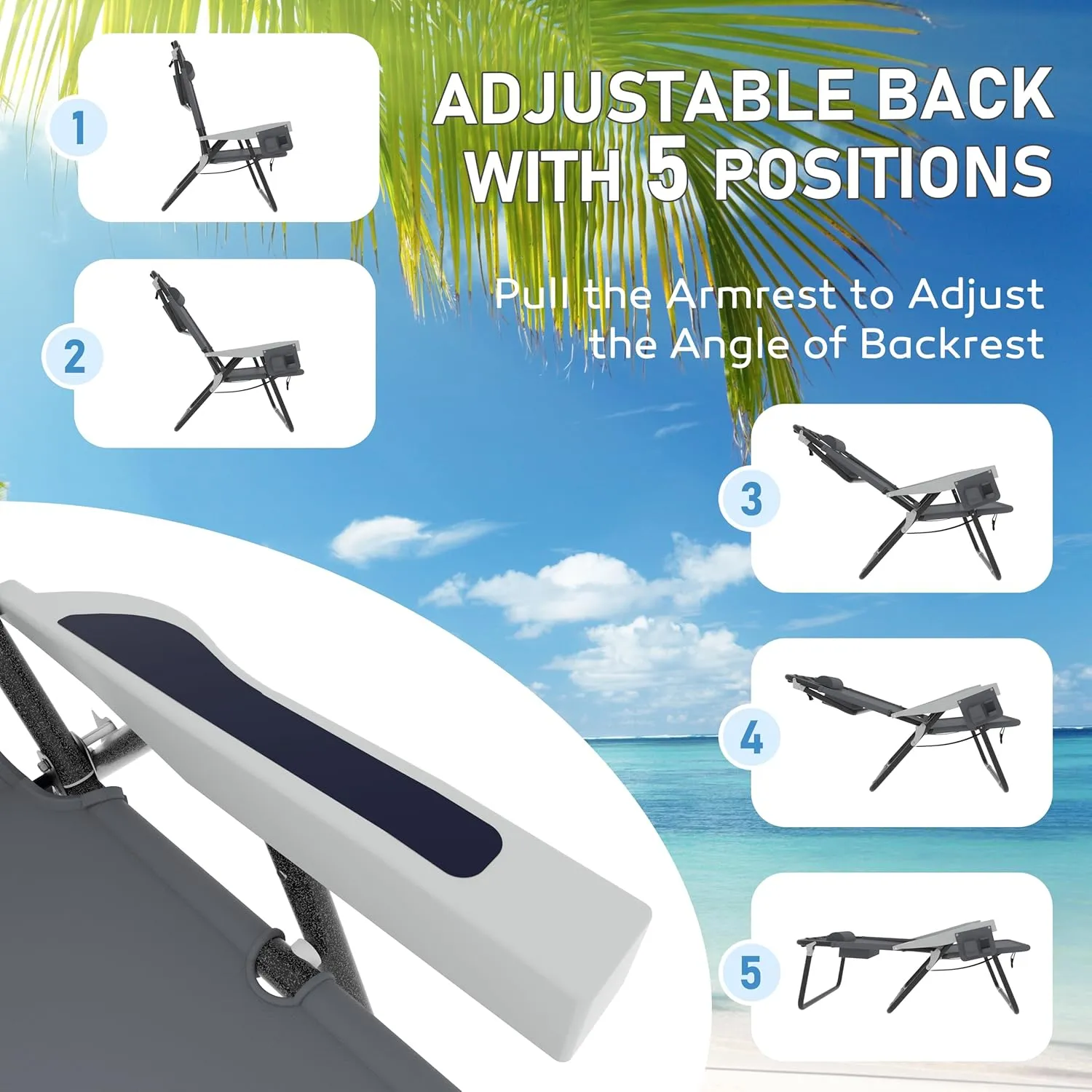 Outdoor Beach Foldable Chaise 2 Pack Lounge Chair with Detachable Pillow & Pocket, Portable Tanning Chair with 5 Position Adjustable Back, Beach, Pool and Camping, Gray