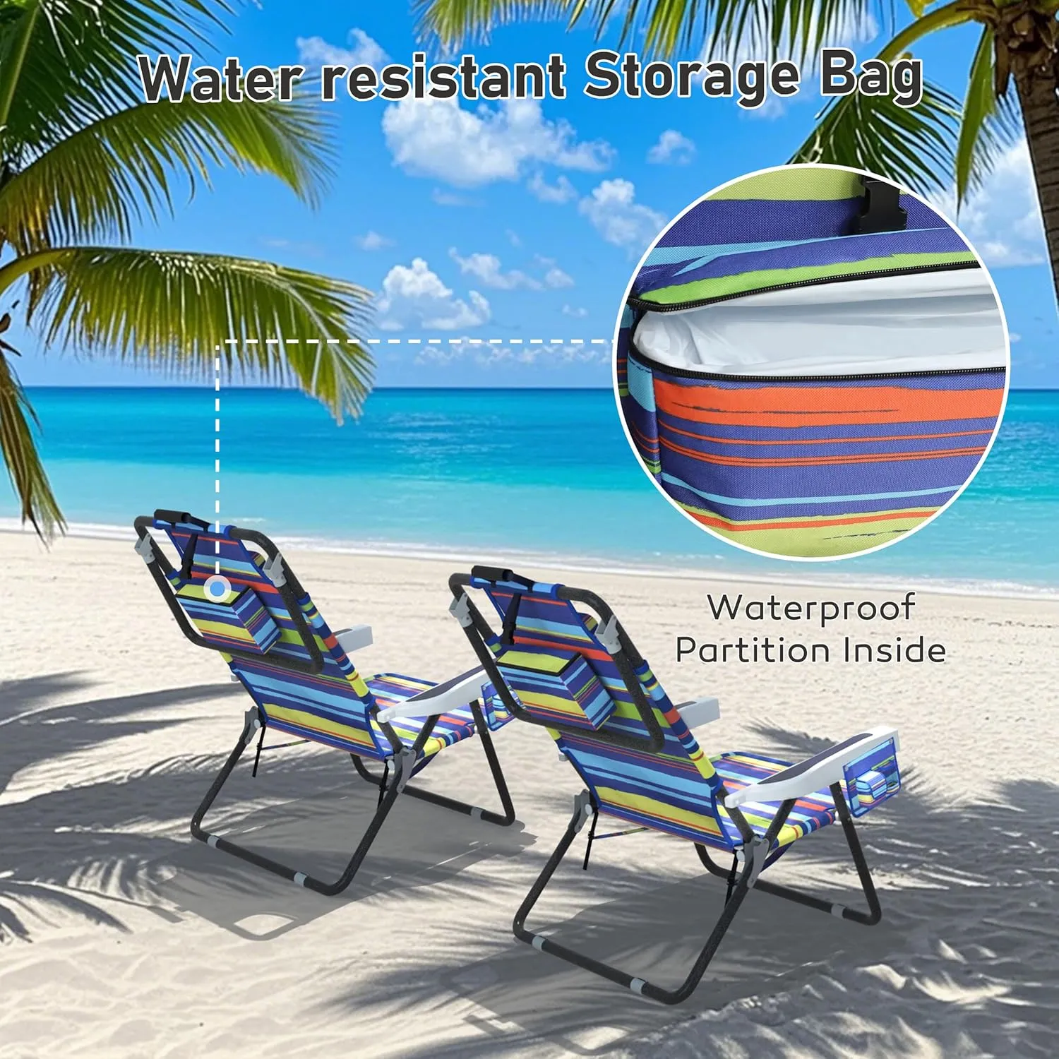 Outdoor Beach Foldable Chaise 2 Pack Lounge Chair with Detachable Pillow & Pocket, Portable Tanning Chair with 5 Position Adjustable Back, Beach, Pool and Camping, Multi Color