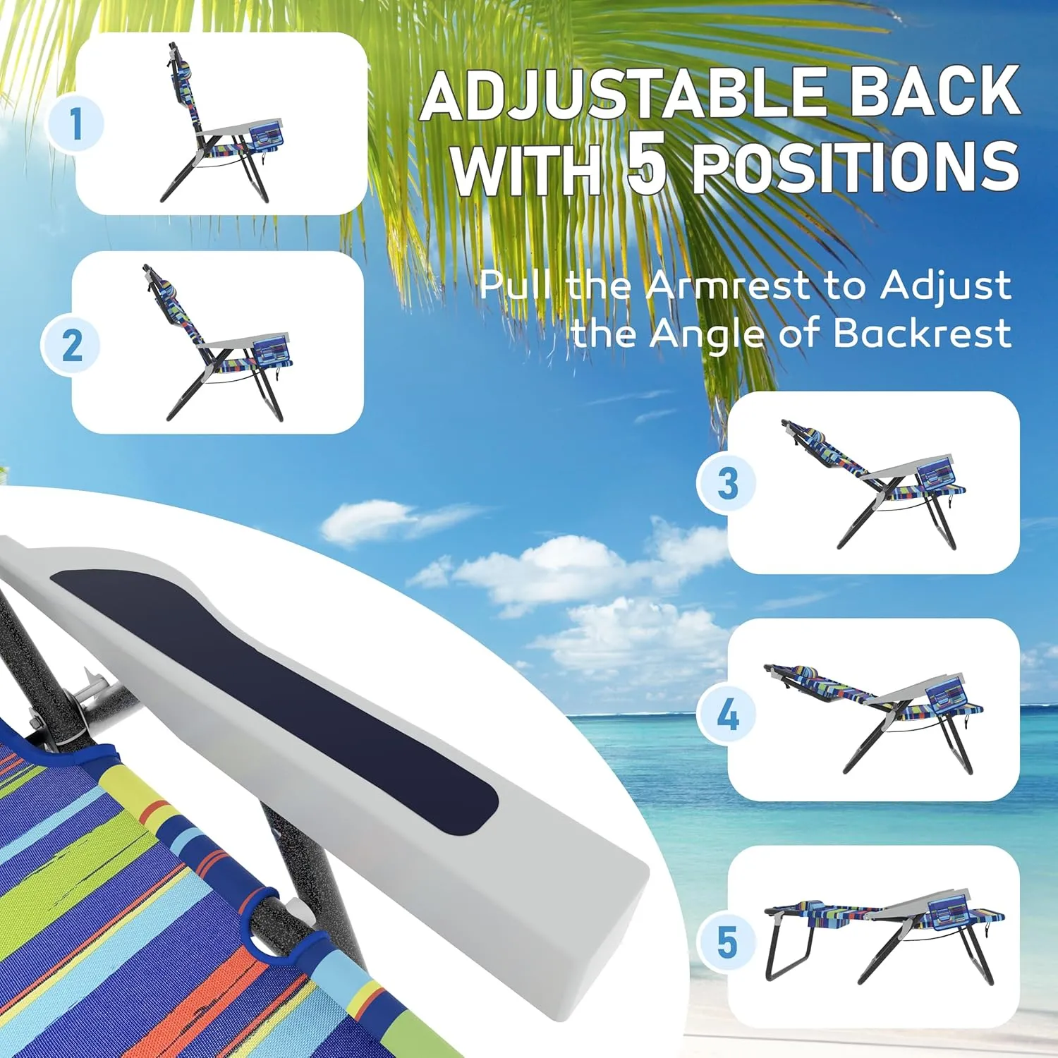 Outdoor Beach Foldable Chaise 2 Pack Lounge Chair with Detachable Pillow & Pocket, Portable Tanning Chair with 5 Position Adjustable Back, Beach, Pool and Camping, Multi Color