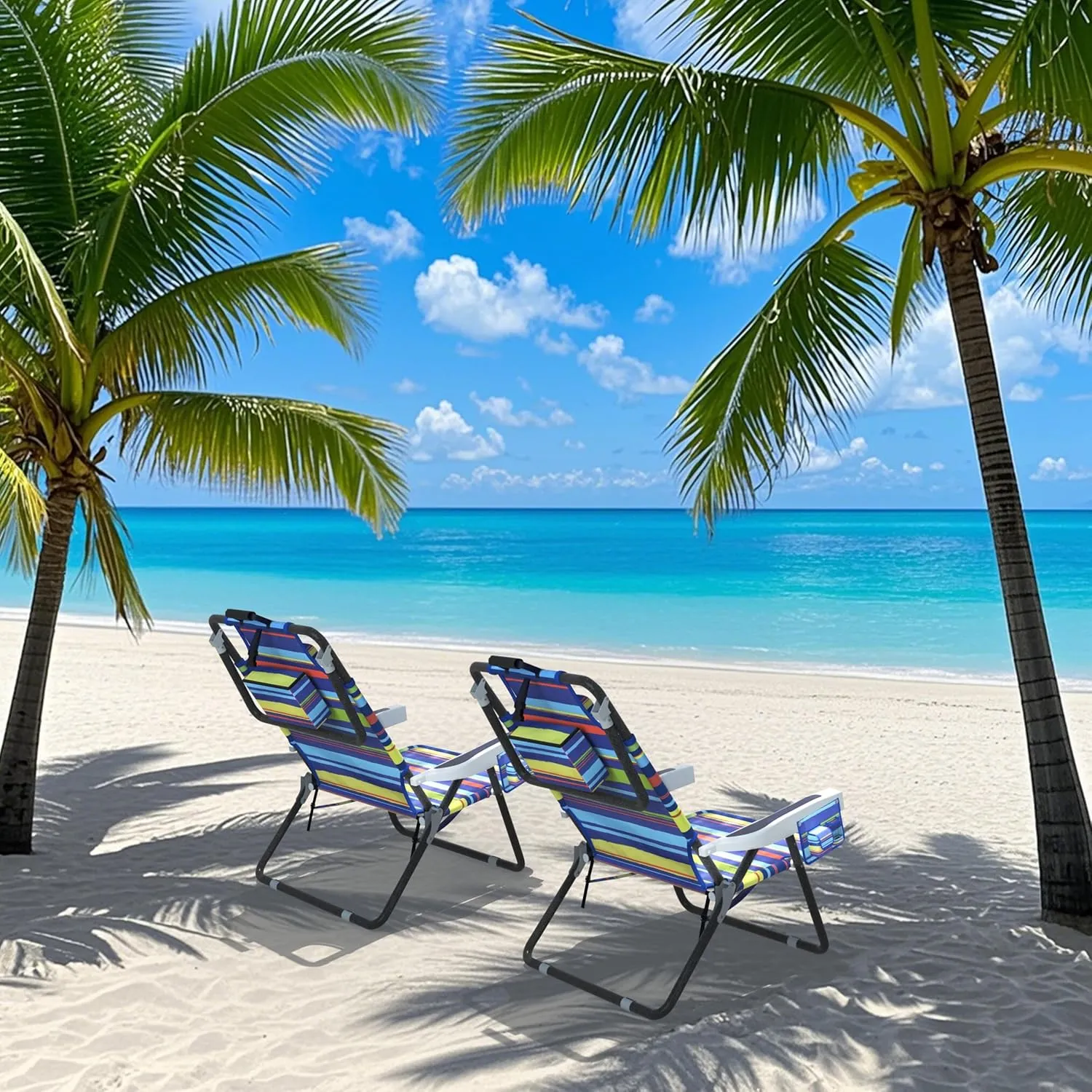 Outdoor Beach Foldable Chaise 2 Pack Lounge Chair with Detachable Pillow & Pocket, Portable Tanning Chair with 5 Position Adjustable Back, Beach, Pool and Camping, Multi Color
