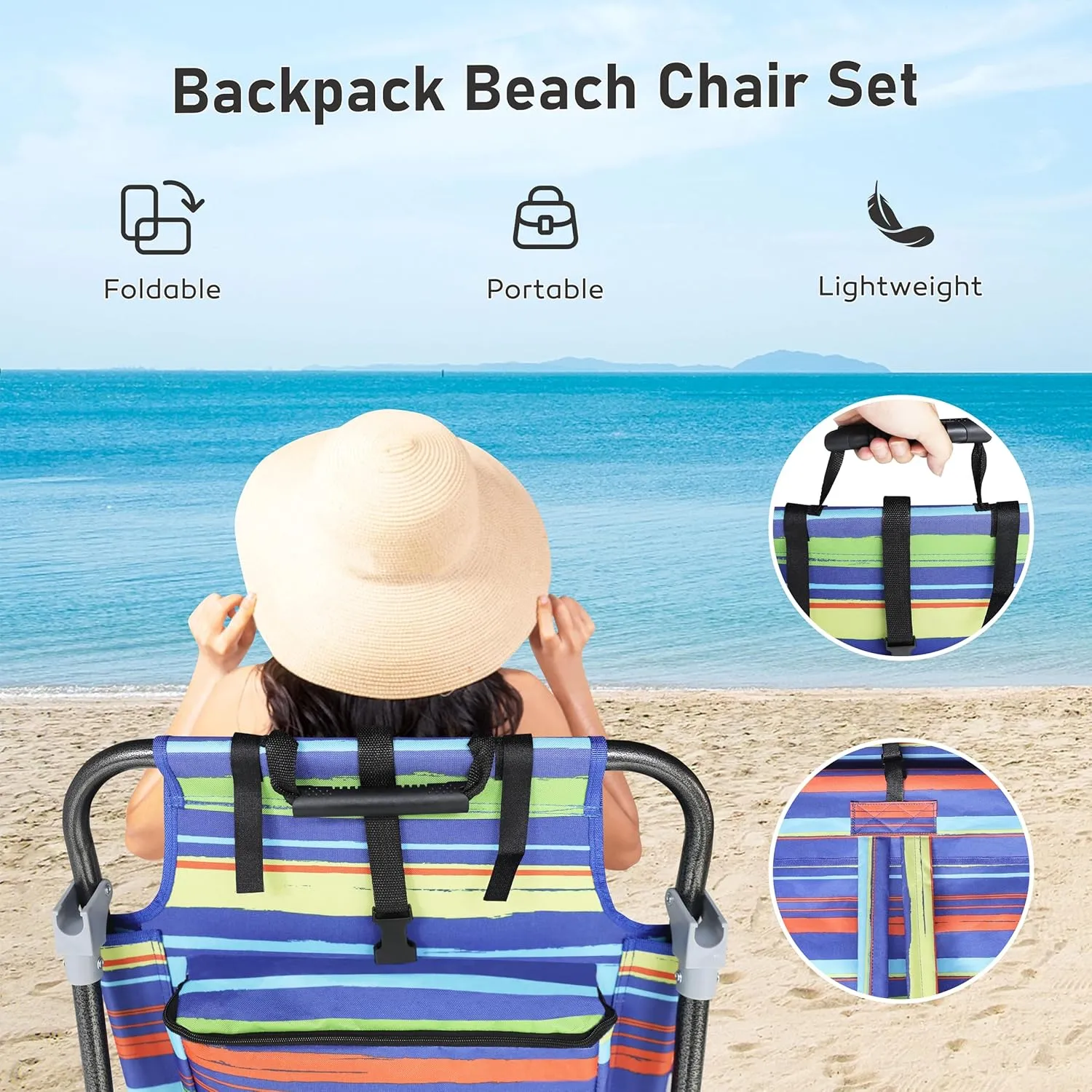Outdoor Beach Foldable Chaise 2 Pack Lounge Chair with Detachable Pillow & Pocket, Portable Tanning Chair with 5 Position Adjustable Back, Beach, Pool and Camping, Multi Color