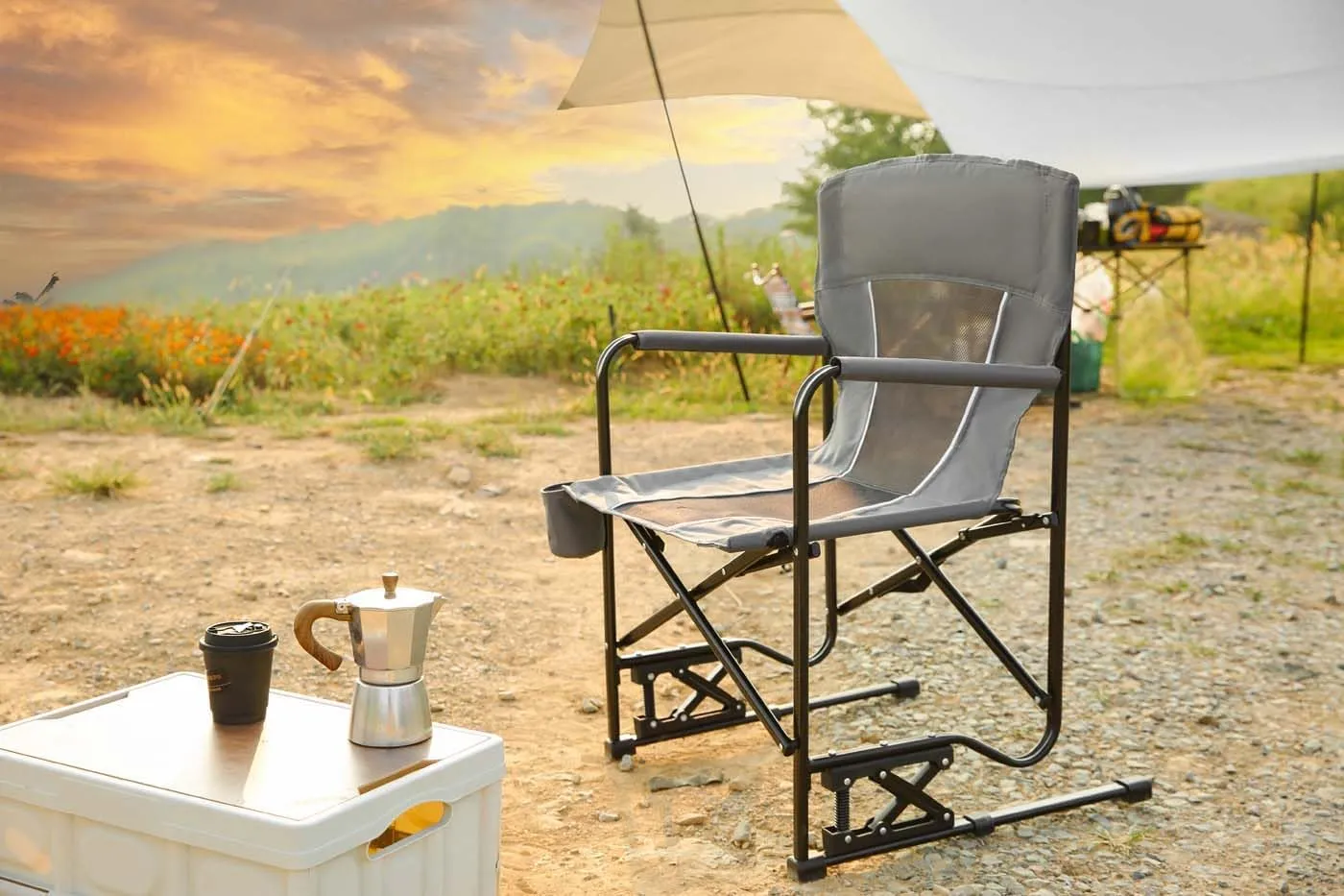 Outdoor Freestyle Rocker Camping Chair, Cup Holder & Comfortable Backrest, High Back Heavy-Duty Lawn Chair, Portable Folding Rocking Chair with Solid Durable Armrests, Support 450LBS (Gray)